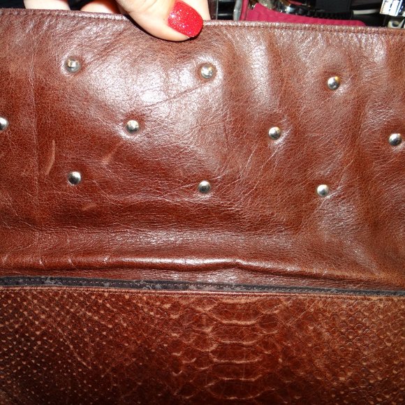 ENTRA Dark Brown Reptile Print Leather Shoulder Crossbody Bag/Calf Hair Flap - Picture 6 of 8